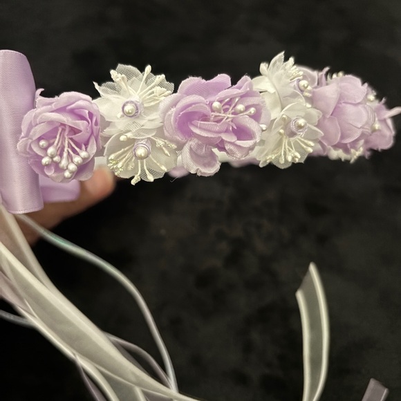 Purple and White Floral Headband with Ribbons - Picture 5 of 6